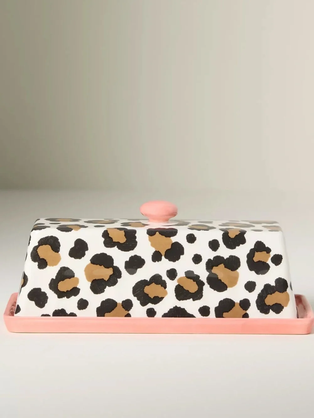 Anthropologie Leopard Print Stoneware Butter Dish with Pink Base and Knob - Picture 4 of 4